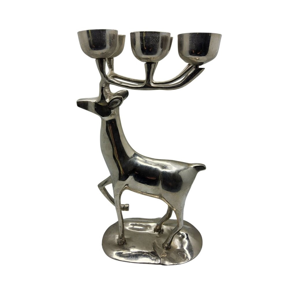 Vintage 1970s Cast Aluminum 6 Antler Candle Holder Reindeer